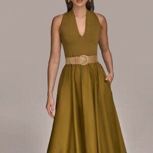 SLEEVELESS V-NECK MIDI MIXED-MEDIA DRESS